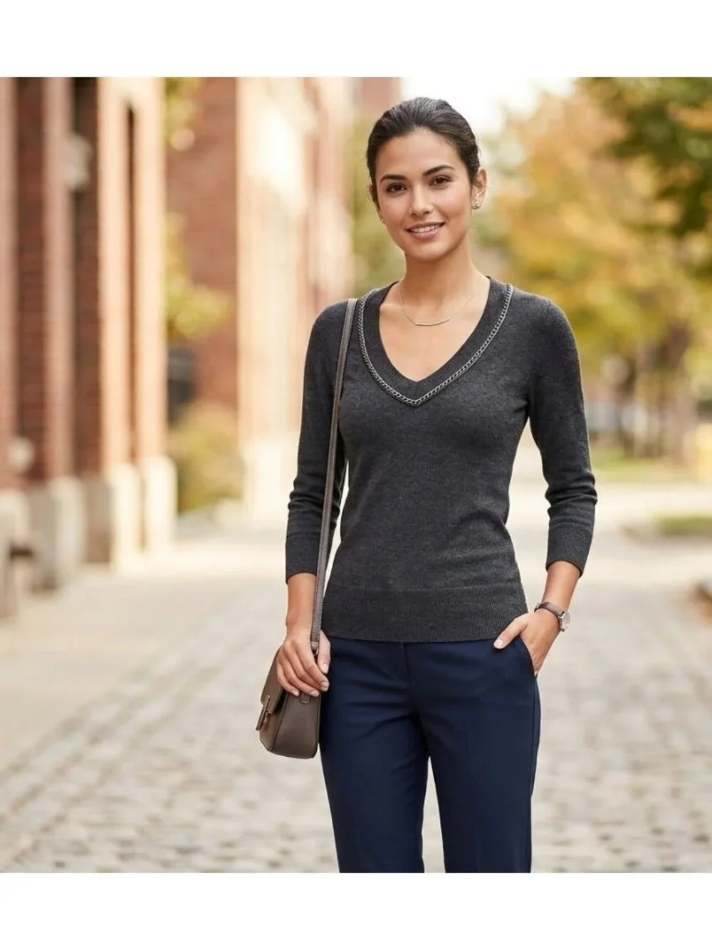 F21 Womens Charcoal Gray V-Neck Sweater With Zipper Accent 3/4 Sleeves Size Smal